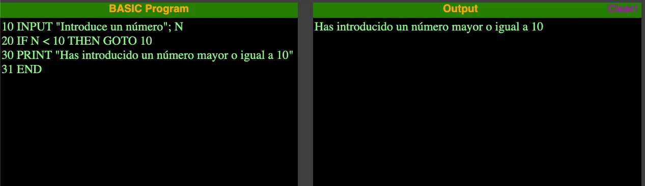 Resultado del ejemplo de BASIC ejecutado en un emulador