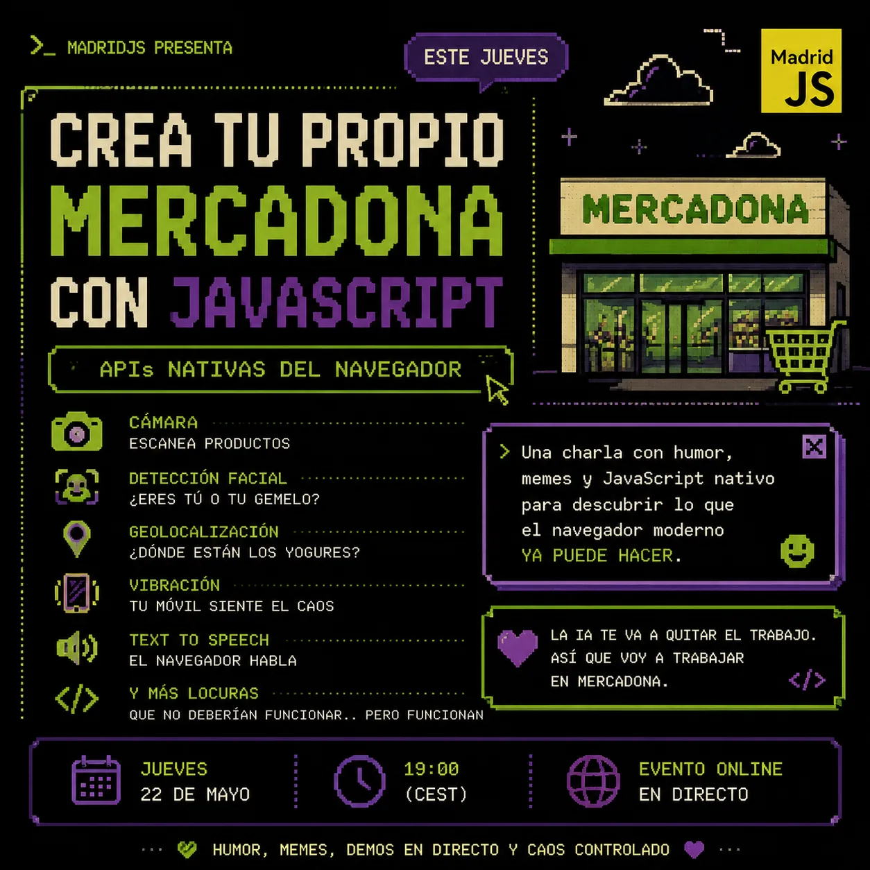 Cartel de la charla «Crea tu propio Mercadona con JavaScript» en Madrid JS
