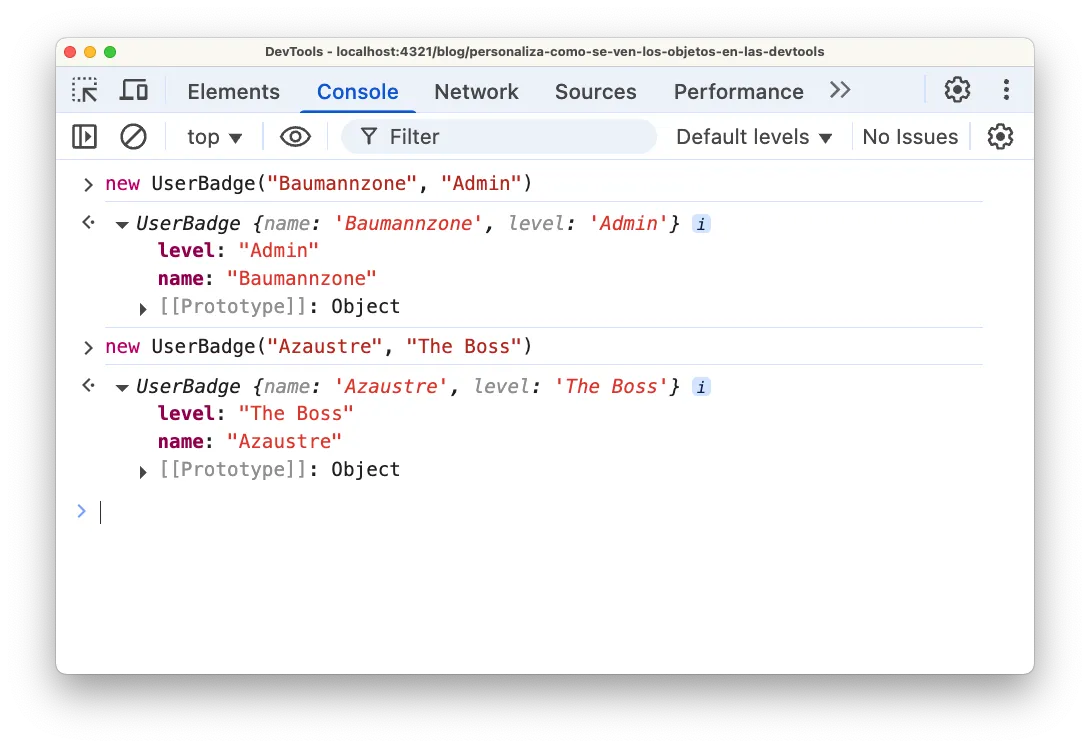 Ejemplo de cómo se ven diferentes tipos de datos en la consola