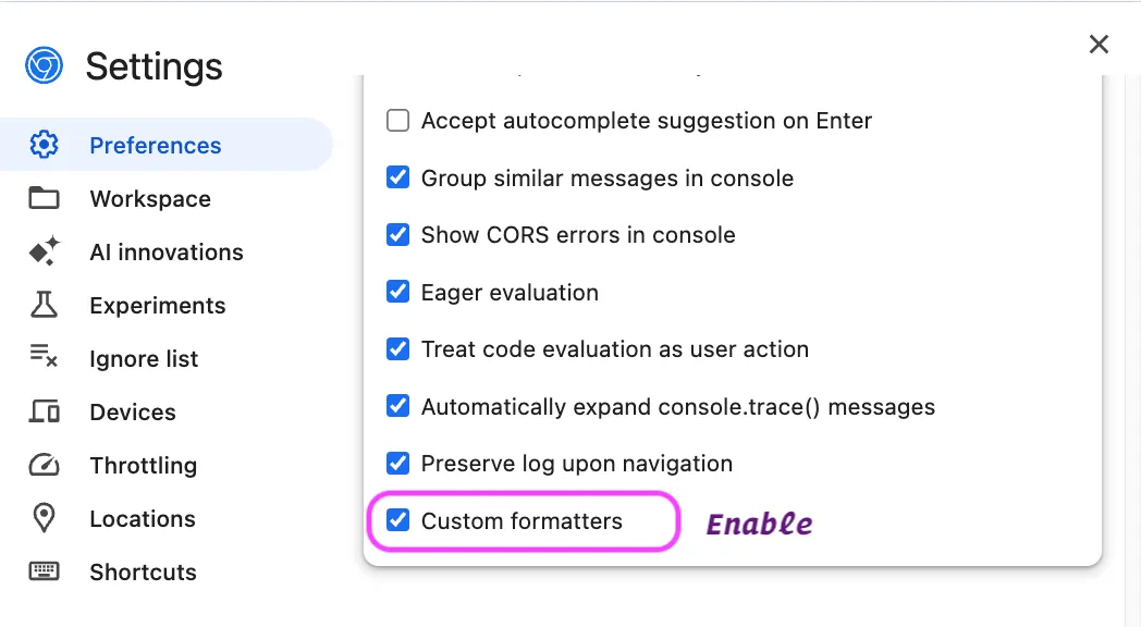 Activar soporte para Custom Object Formatters en Chrome